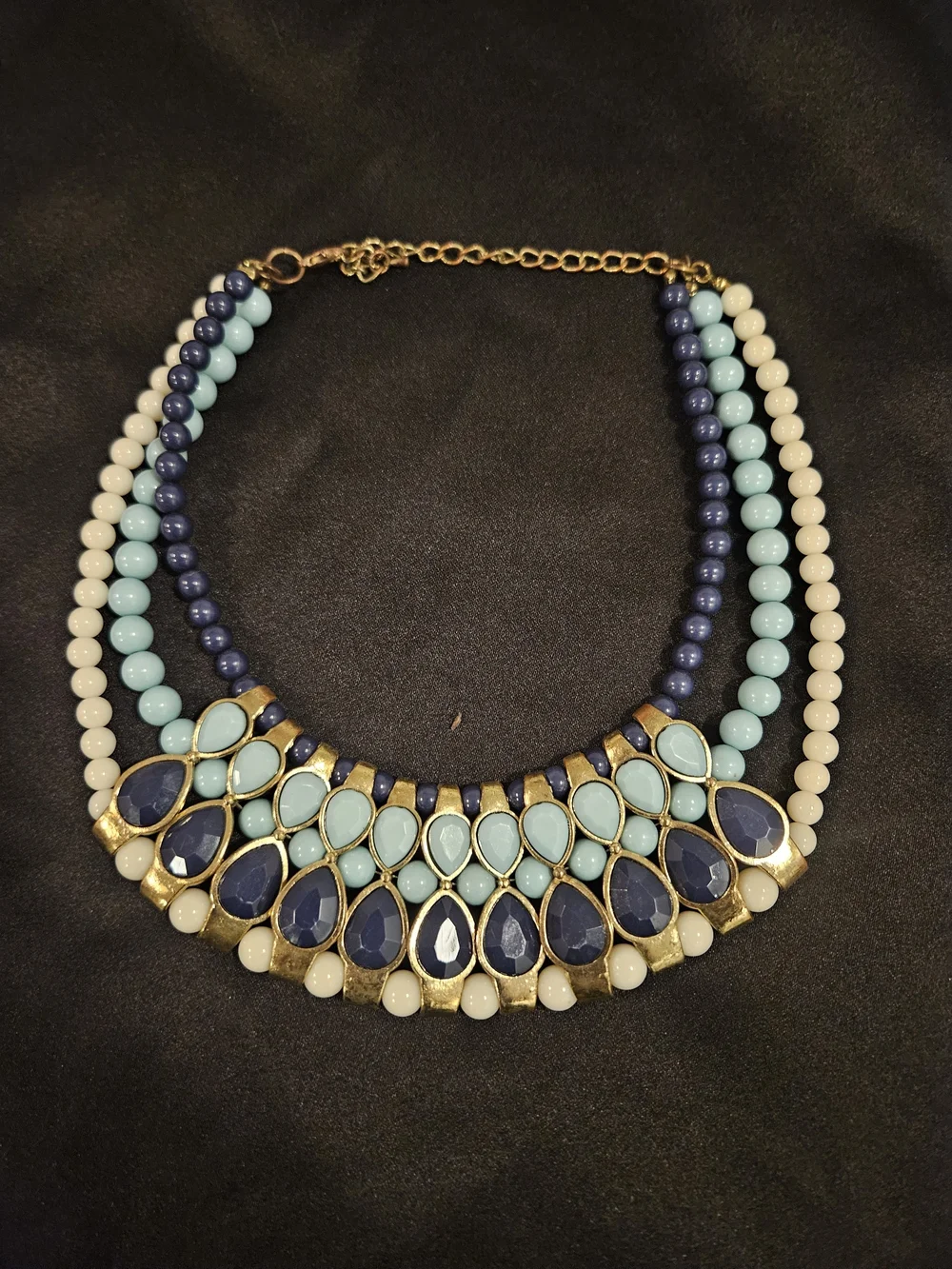 Statement Bib Necklace in Navy, Aqua & White - Fashion Jewelry